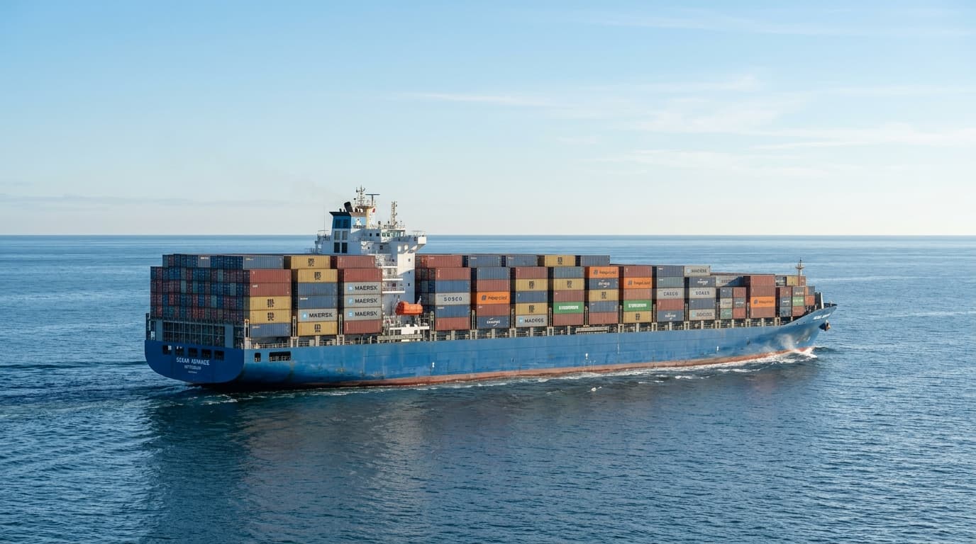 International maritime cargo vessel transporting export goods across global waters