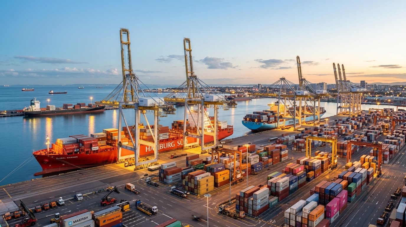 Active international deep-water container terminal with gantry cranes loading freight cargo vessels
